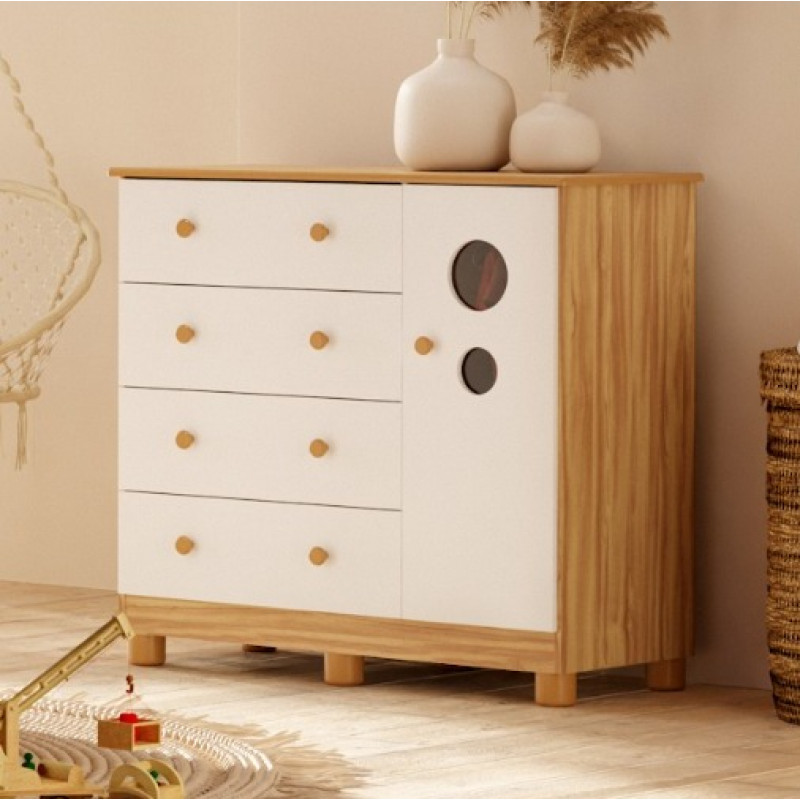 Cômoda 4 Gavetas 1 Porta Abrir Peroba Duda Plus Amendoa/Branco Brilho