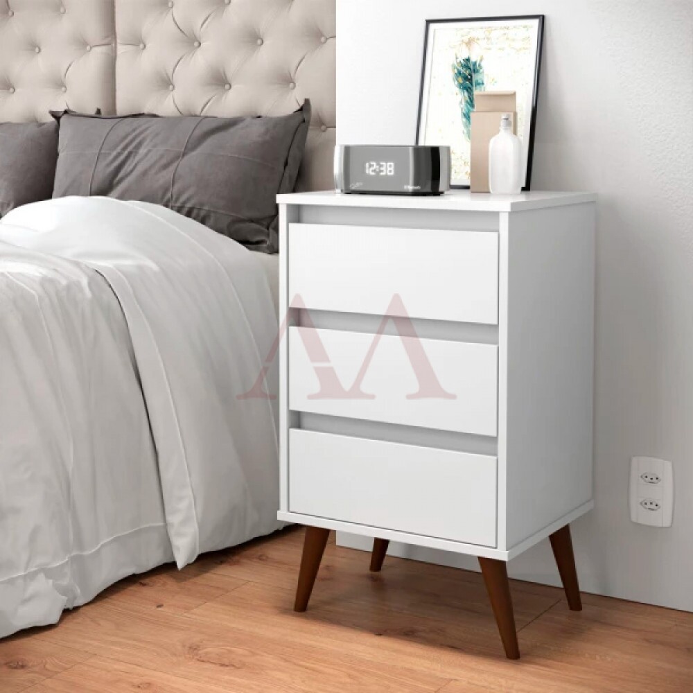 Mesa de Cabeceira 3 Gavetas Ej Retro Wood Branco