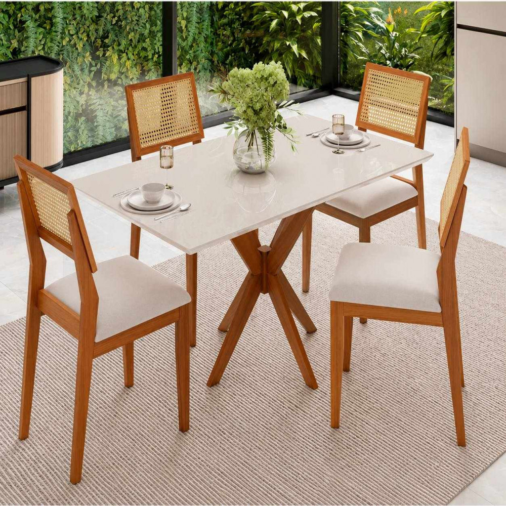 Conjunto Mesa 4 Cadeiras Agn Anna Retangular 116X80 com Vidro Cadeiras Larissa Madeira/Off White