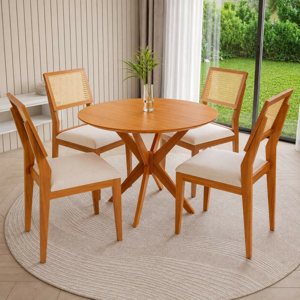 Conjunto Mesa 4 Cadeiras Agn Vitoria Redonda 130CM Tampo Laminado Cadeiras Larissa Madeira