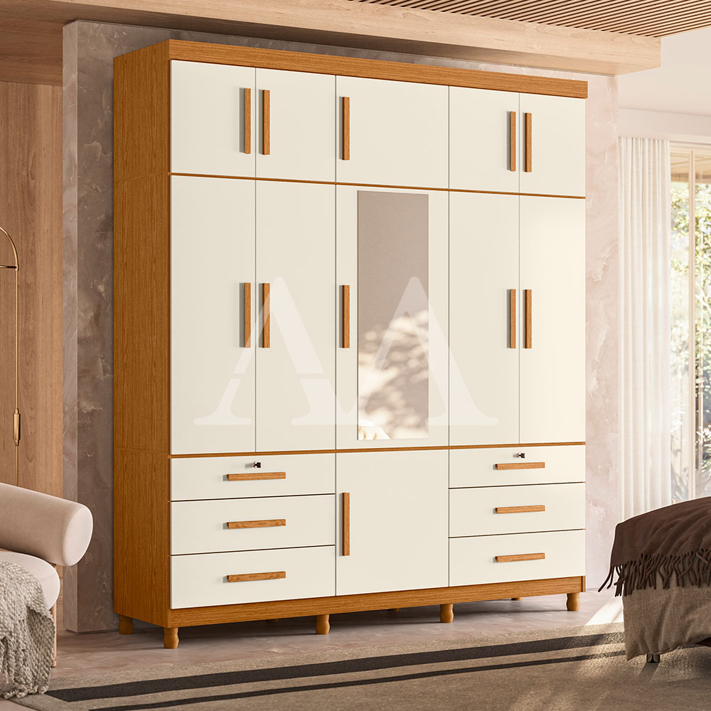 Roupeiro 11 Portas Abrir 6 Gavetas com Espelho Albatroz Triton Plus Cinamomo/Off White