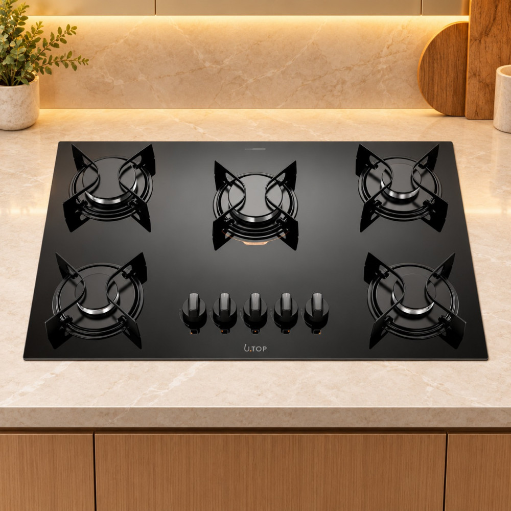 Fogao 5B Atlas Cooktop Utop Mesa Vidro Esmaltado Vp Gas Preto