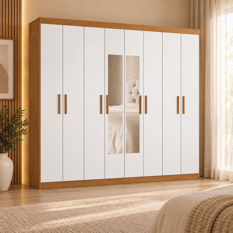 Roupeiro 8 Portas Abrir 4 Gavetas Carioca Rubi com Espelho e com Pe Cinamomo/Branco