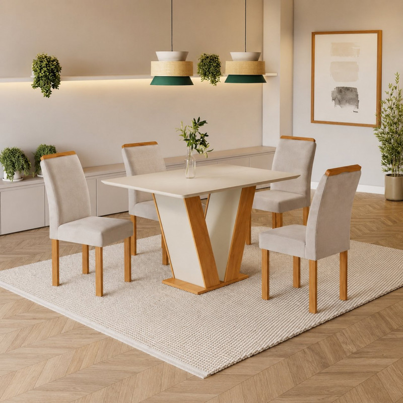 Conjunto Mesa 4 Cadeiras Cel Moveis Qatar Retangular 120X80 Tampo Londres Plus sem Vdo Cad.londres Tec 169 Cinamomo/Off