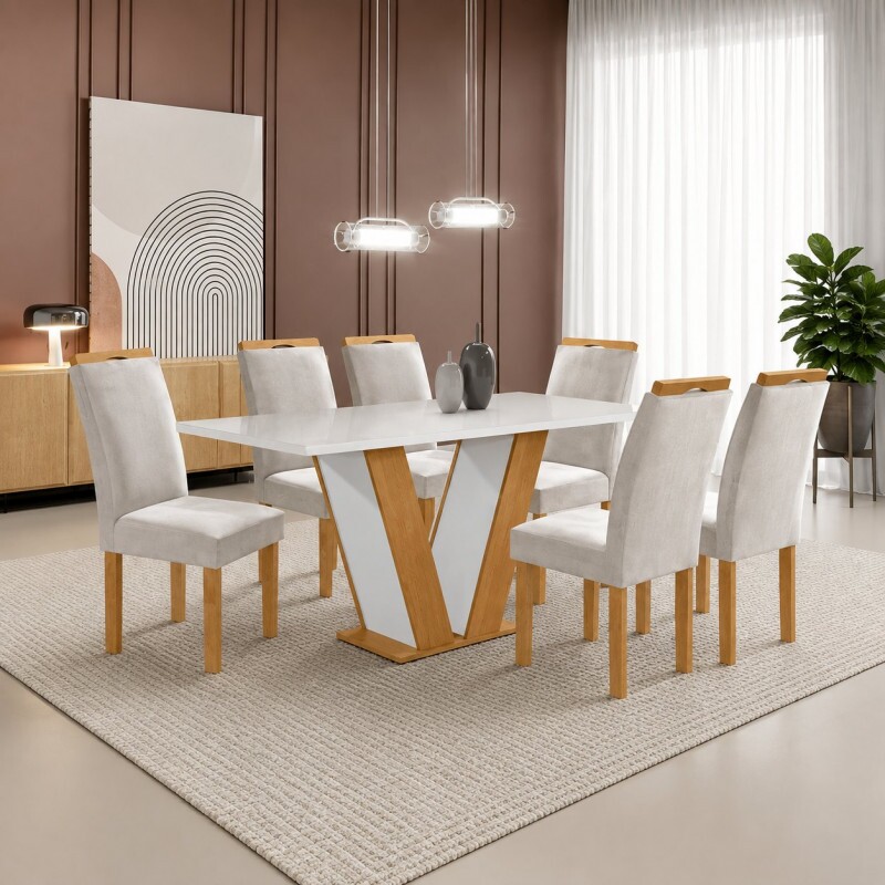 Conjunto Mesa 6 Cadeiras Cel Moveis Qatar Retangular 160X80 Tampo Londres Plus com Vidro Cad.londres Tec 169 Cinamo/Off