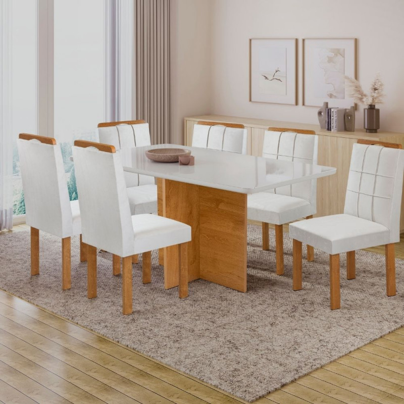 Conjunto Mesa 6 Cadeiras Cel Moveis Salinas Retangular 160X80 Tampo Londres Plus com Vdo Cadeiras Salinas Tec 169 Off/Cinamomo