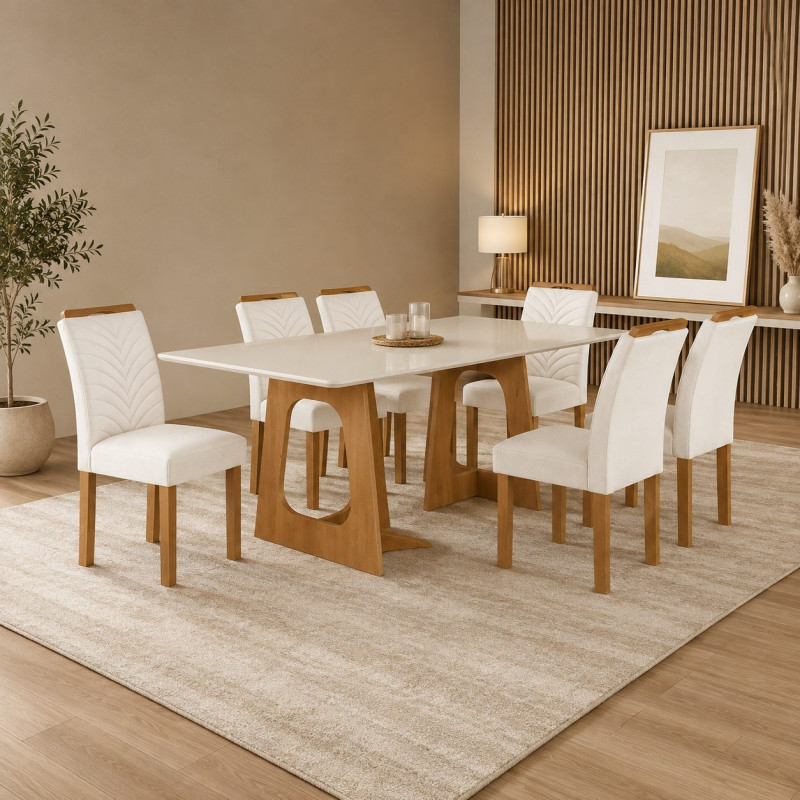 Conjunto Mesa 6 Cadeiras Cel Moveis Cancun Retangular 170X90 Tampo Smart Plus com Vdo Cadeiras Cancun Tec 178 Off/Cinamomo