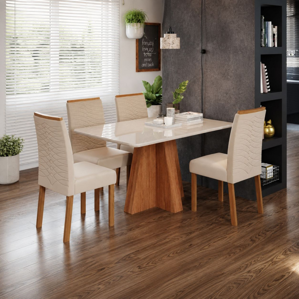 Conjunto Mesa 4 Cadeiras Cimol Maite Retangular 130X80 com Vdo Cadeiras Clarice Cinamomo/Off White/Nude