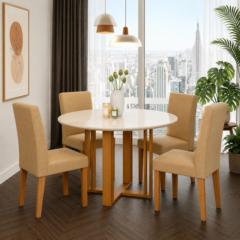 Conjunto Mesa 4 Cadeiras Cimol Flora Redonda com Vidro Nature / Off White / Gengibre