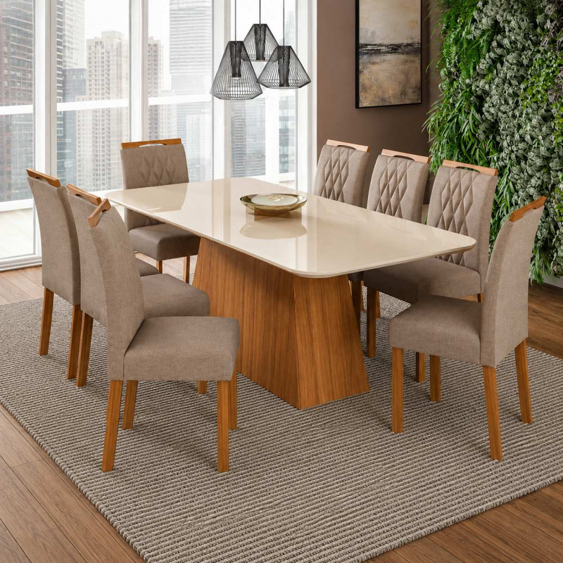 Conjunto Mesa 8 Cadeiras Cimol Helena Retangular com Vdo Cadeiras Juliana Cinamomo/Off White/Linho Bege