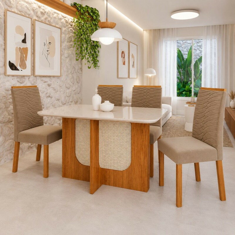 Conjunto Mesa 4 Cadeiras Cimol Louise Retangular 130X80 Cinamomo/Off/Madeira/Linho Bege