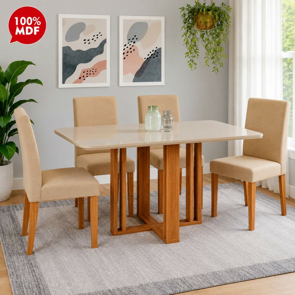 Conjunto Mesa 4 Cadeiras Cimol Flora com Vidro Retangular 130X80 Maia Cinamomo/Off White/Gengibre