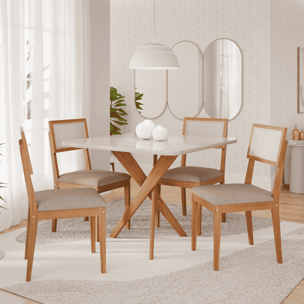 Conjunto Mesa 4 Cadeiras Cimol Cacau 130x80 com Vdo Cadeiras Encanto Madeira/Offwhite/LINHO Bege