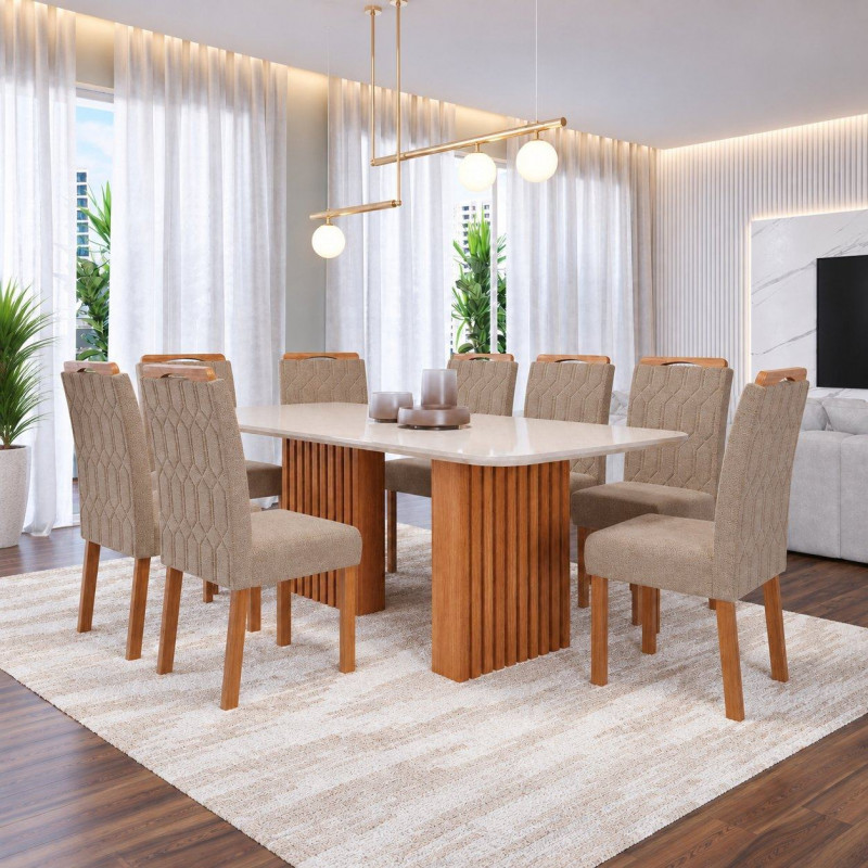 Conjunto Mesa 8 Cadeiras Cimol Ester Retangular com Vdo Cadeiras Paola Wood Cinamomo/Off White/Linho Bege