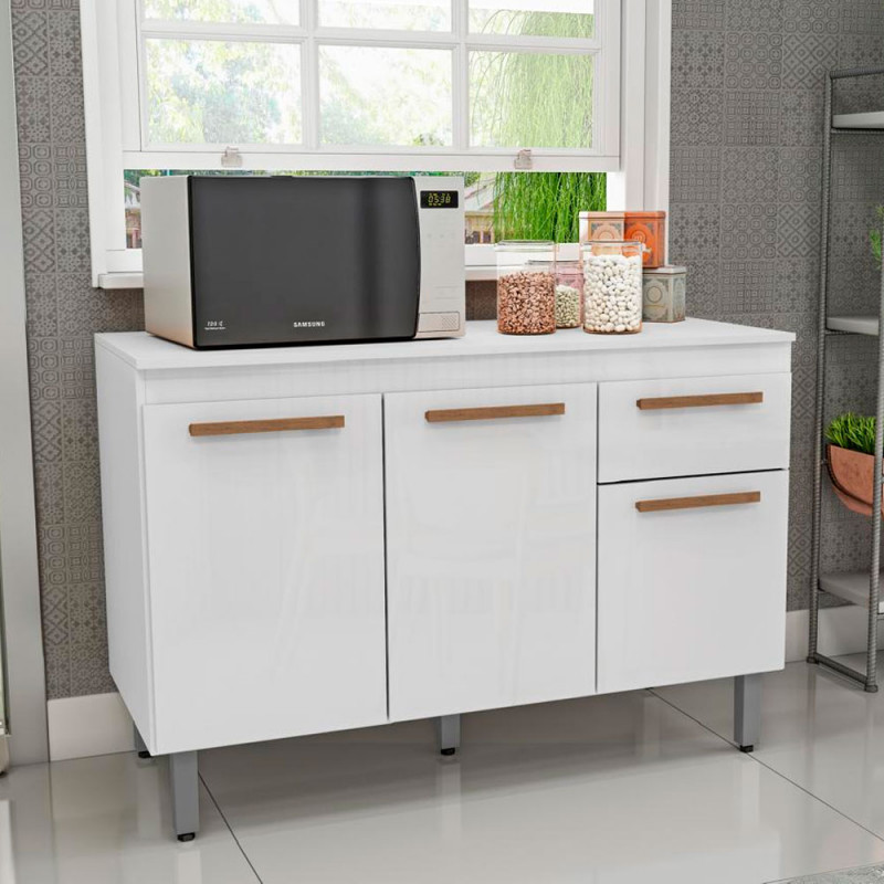 Balcão Dacheri 3 Portas 1 Gaveta Copa 1.19 com Tampo Branco