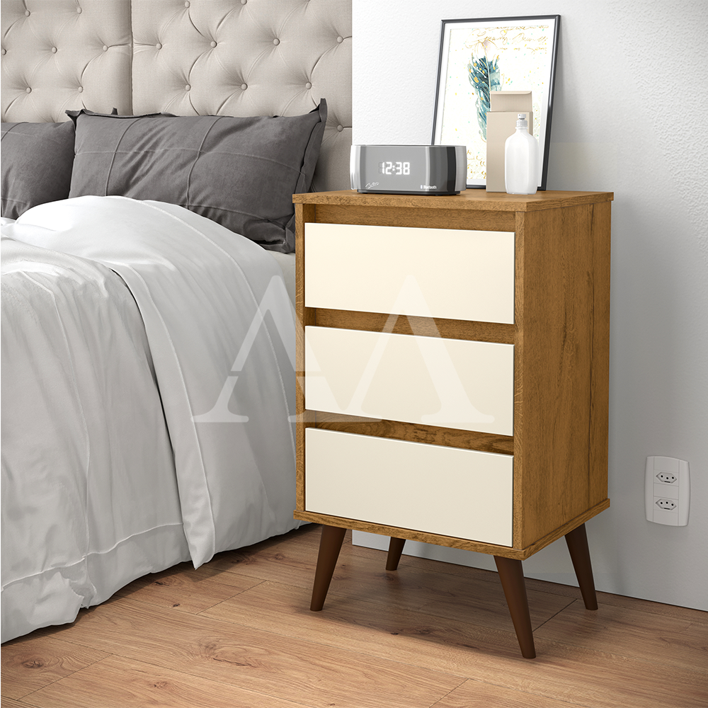 Mesa de Cabeceira 3 Gavetas Ej Retro Wood Freijo / Off White