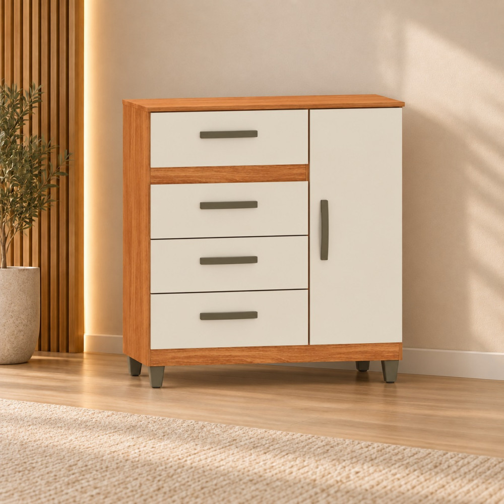 Cômoda 4 Gavetas 1 Porta Abrir Fellicci Leme Cinamomo/Off White