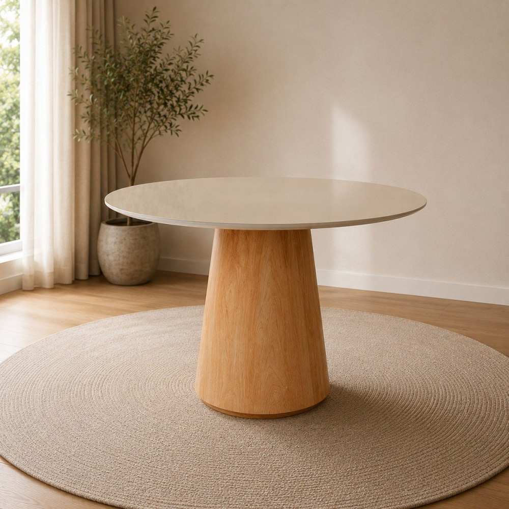 Mesa Imcal Zara 1.20 com Vidro Redonda Off White/Cinamomo