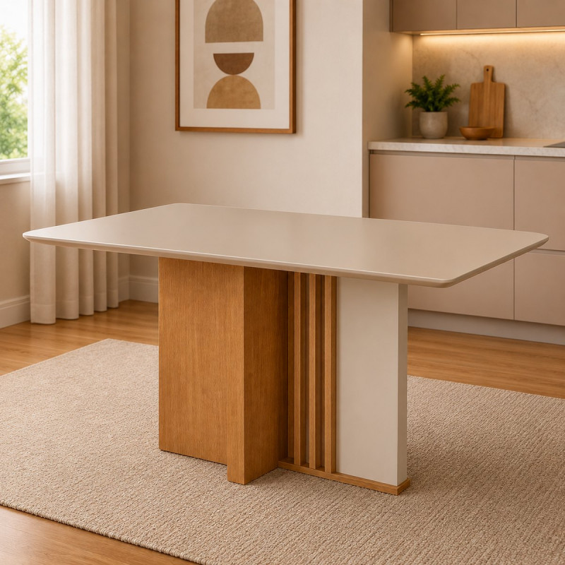 Mesa Lopas Astrid 160X80 Cant.copo com Vidro Amendoa Clean/Off White