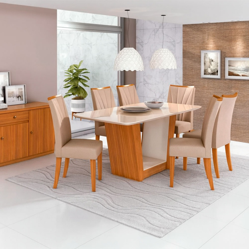 Conjunto Mesa 6 Cadeiras Lopas Apogeu Cant.copo Cadeiras Apogeu 160X80 Naturale Creme Amendoa/Off White