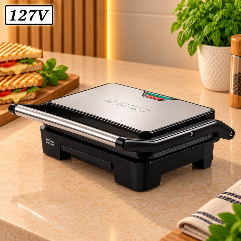 Sanduicheira Grill Mallory Asteria Compact 900W 127V Inox/Preta