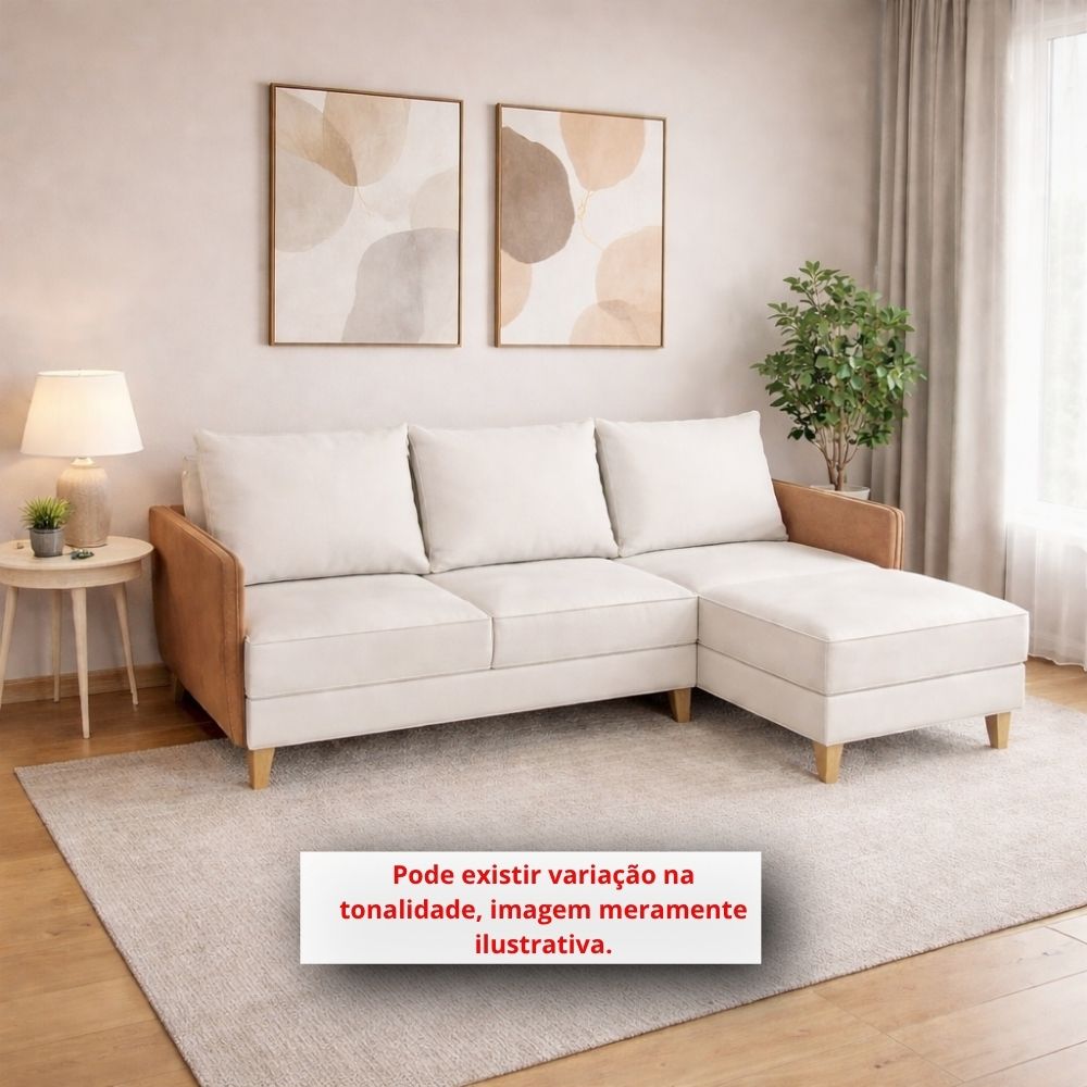 Estofado Malu 2 Lugares Bahamas com Chaise Bege Veludo