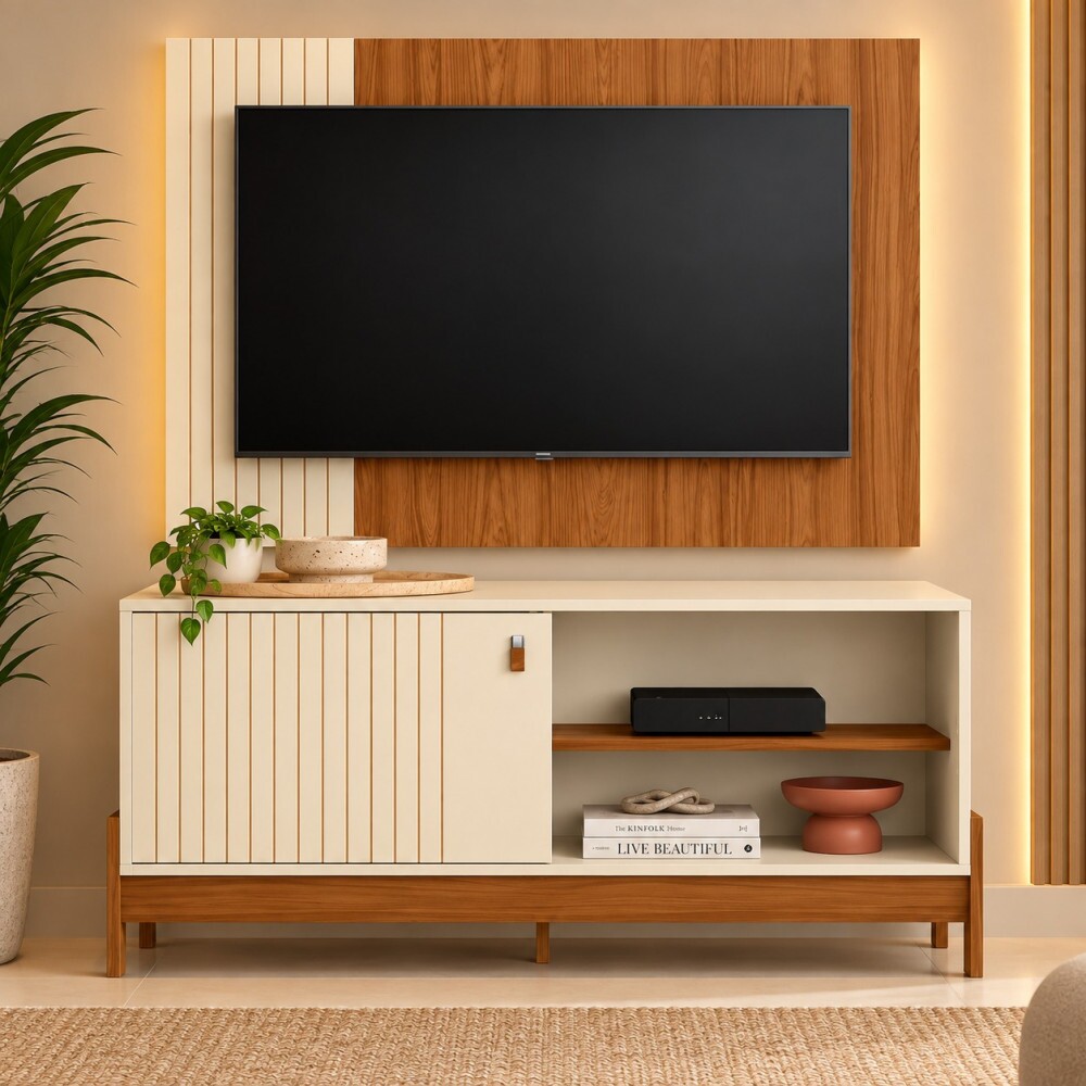 Combo Rack Painel Mobler 1.2 Wood Perola Metalizado/Cinamomo Mel