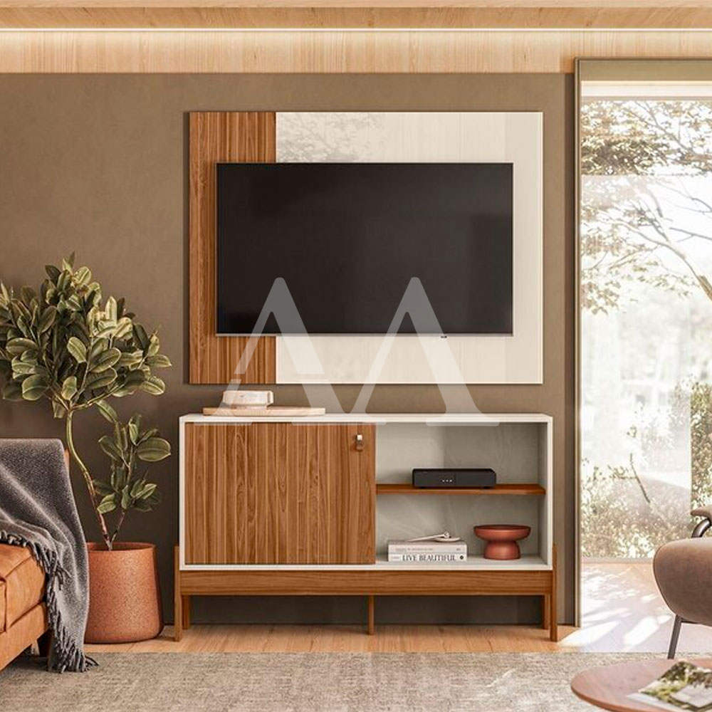 Combo Rack Painel Mobler 1.2 Wood Cinamomo Mel/Off White