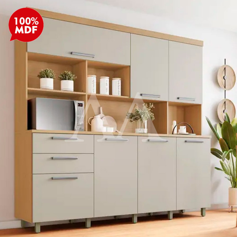 Kit 7 Portas 2 Gavetas Nesher Nobreza 210CM Carvalho/Greige 500974