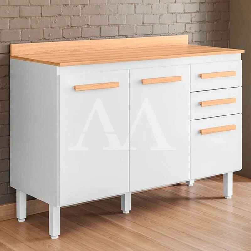Balcão Nicioli 2 Portas 3 Gavetas Intenza 120 Branco/Freijo