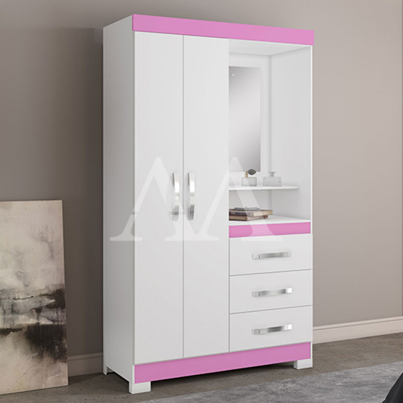 Roupeiro 2 Portas Abrir 3 Gavetas com Espelho Notavel Nt 5170 Branco New/Rosa Flex