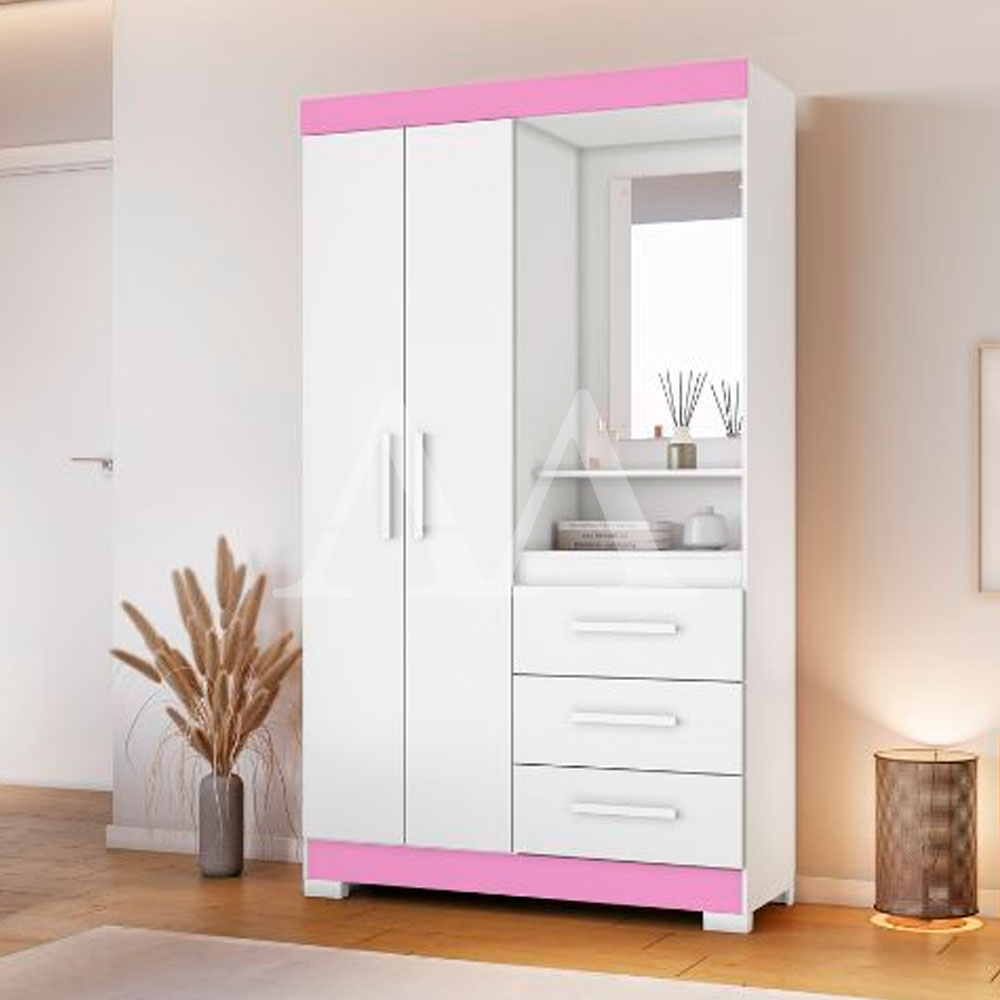 Roupeiro 2 Portas Abrir 3 Gavetas com Espelho Notavel Nt 6020 Branco New/Rosa Flex