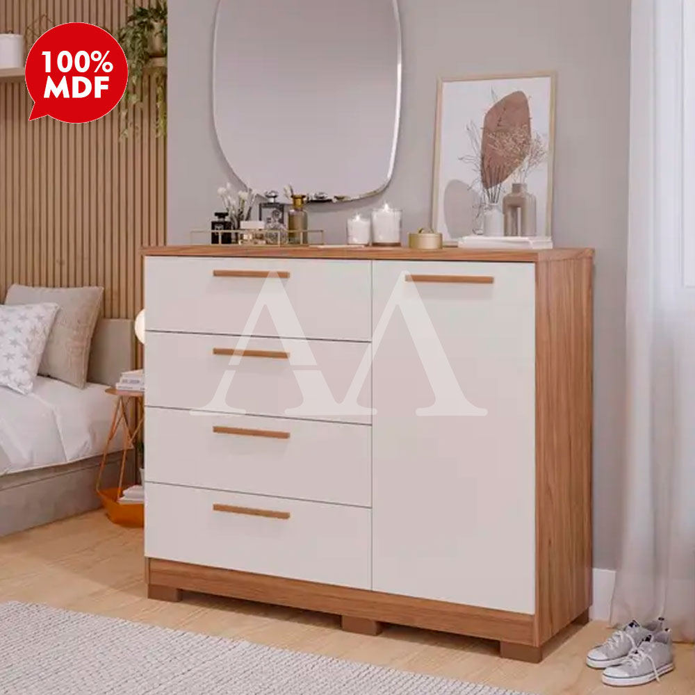 Cômoda 4 Gavetas 1 Porta Abrir Panan Malu Cinamomo/Off White