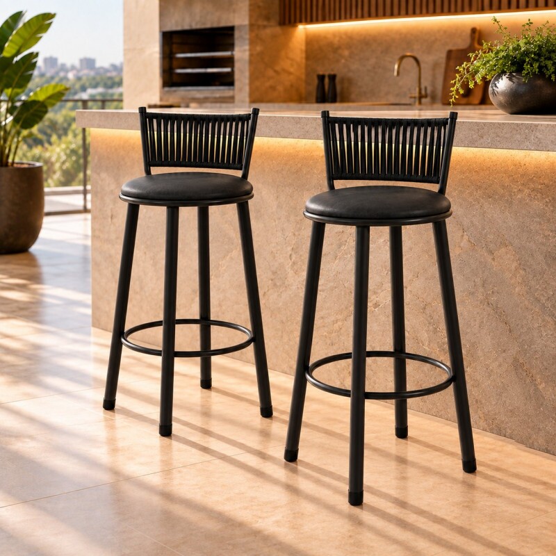 Conjunto 02 Banquetas Paonanda Bete Nautica com Corda Preto Fosco