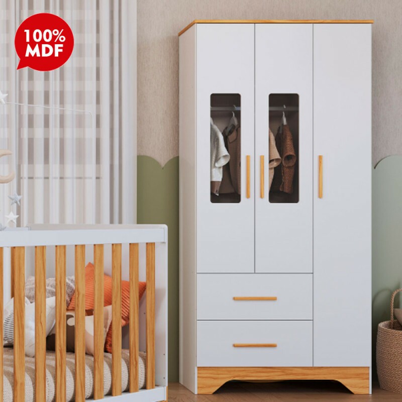 Roupeiro 3 Portas Abrir 2 Gavetas Peroba Popy Retro Branco Brilho/Amendoa