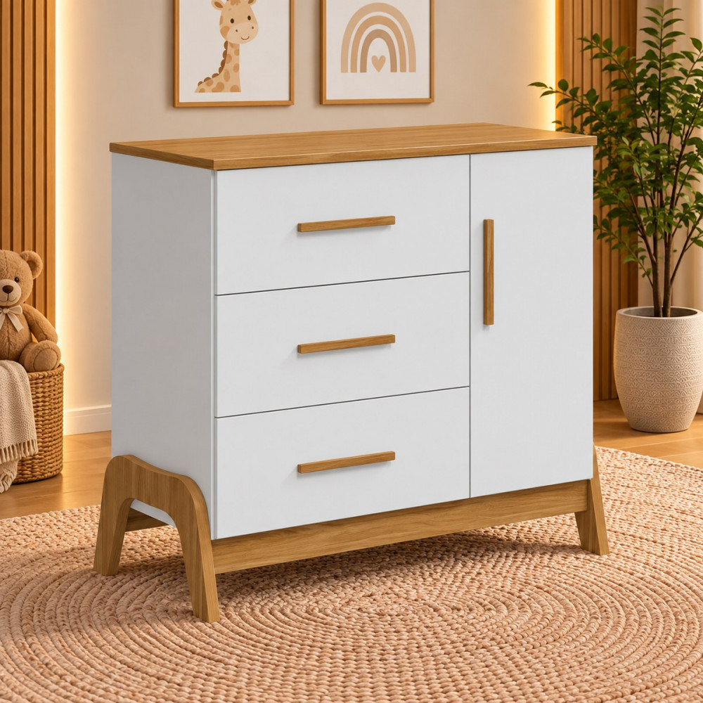 Cômoda 3 Gavetas 1 Porta Abrir Peroba Guti Retro Branco Brilho/Amendoa