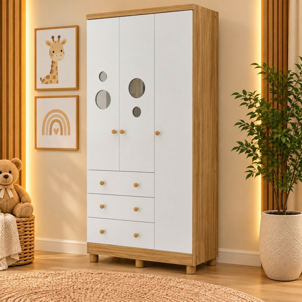 Roupeiro 3 Portas Abrir 3 Gavetas Peroba Duda Plus Amendoa/Branco Brilho
