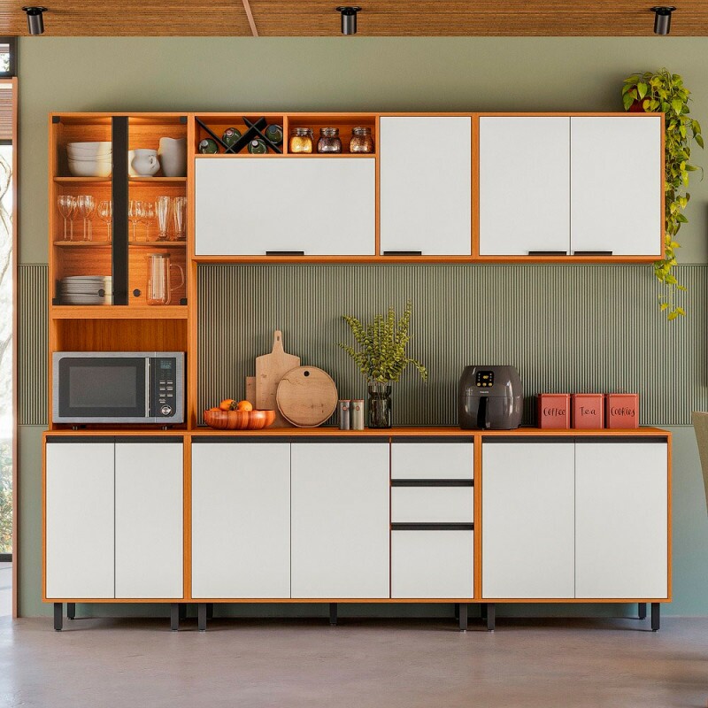 Cozinha Poliman Ravena 13 Portas 2 Gavetas Freijo/Off Acetinado