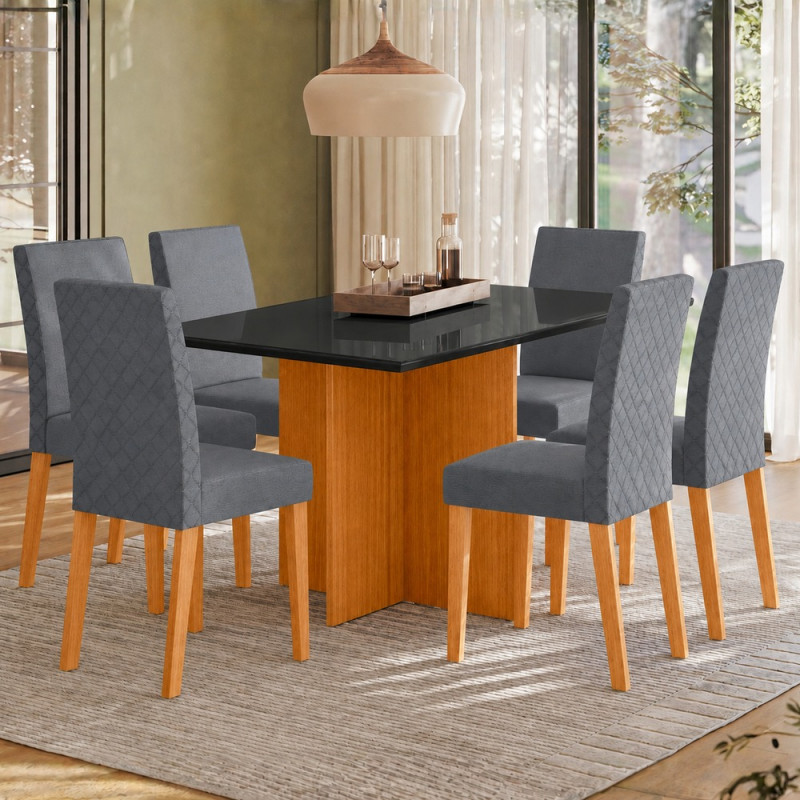 Conjunto Mesa 6 Cadeiras Poliman Helo Retangular 160X80 com Vidro Preto Cadeiras Luara Freijo/Griss