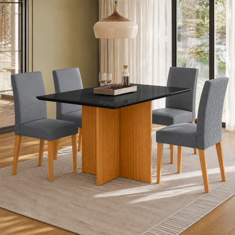 Conjunto Mesa 4 Cadeiras Poliman Helo Retangular 120X80 com Vidro Preto Cadeiras Luara Freijo/Griss