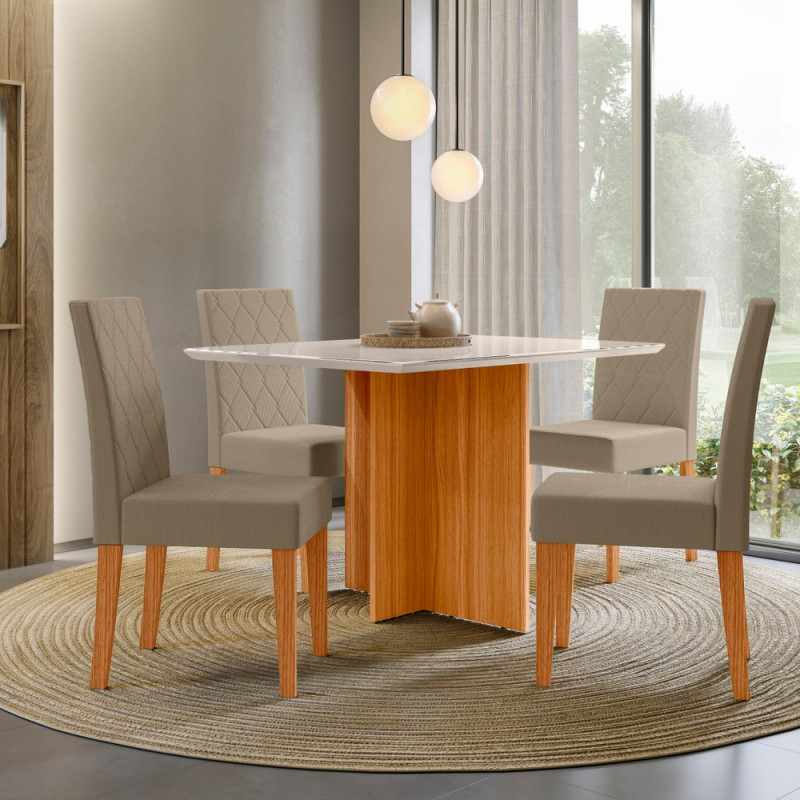 Conjunto Mesa 4 Cadeiras Poliman Helo Retangular 120X80 com Vidro Cadeiras Jade Freijo Uv/Off White