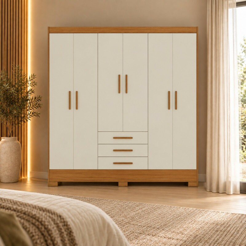 Roupeiro 6 Portas Abrir 3 Gavetas Rodial Itacare Cinamomo/Off White