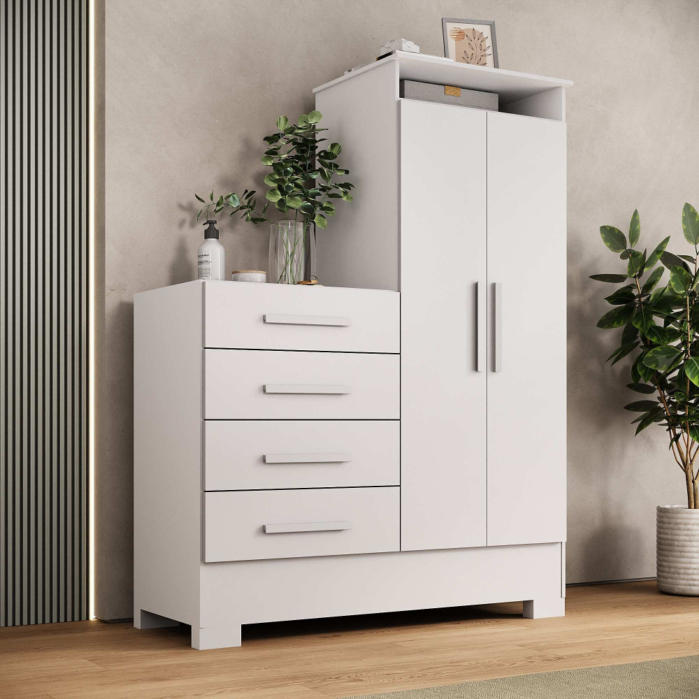 Cômoda 4 Gavetas 2 Portas Abrir Rodial Pampa com Pés Branco