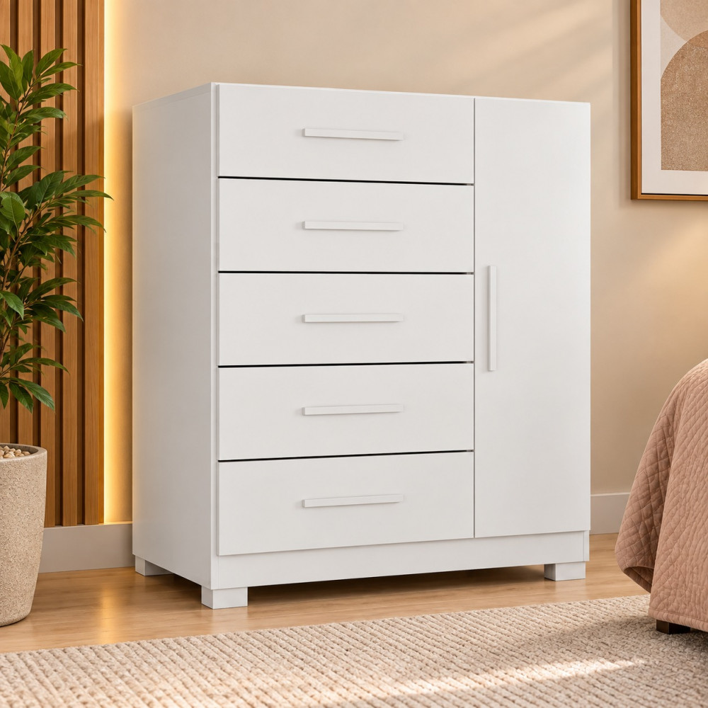 Cômoda 5 Gavetas 1 Porta Abrir Rodial Corais com Pés Branco