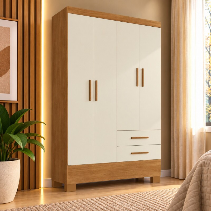 Roupeiro 4 Portas Abrir 2 Gavetas Rodial Imperatriz Cinamomo/Off White