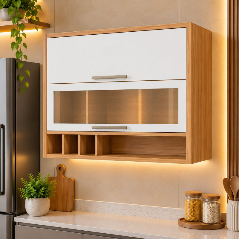 Armário Ronipa 2 Portas Abrir Basculante Reflecta Syrah 120CM Amendoa/Branco
