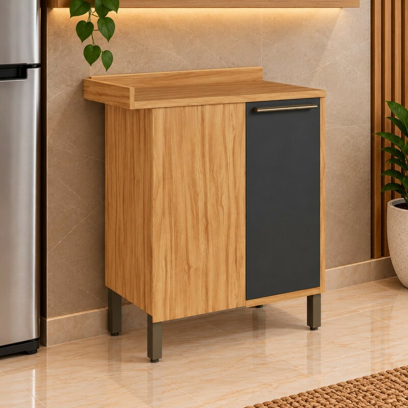 Balcão Ronipa Canto 1 Porta Abrir Syrah 80CM Amendoa/Chumbo