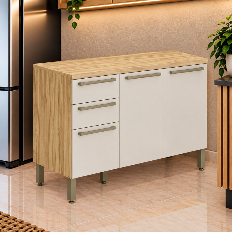 Balcão Ronipa 3 Portas 2 Gavetas Napoli Prime 120CM Amendoa/Off White