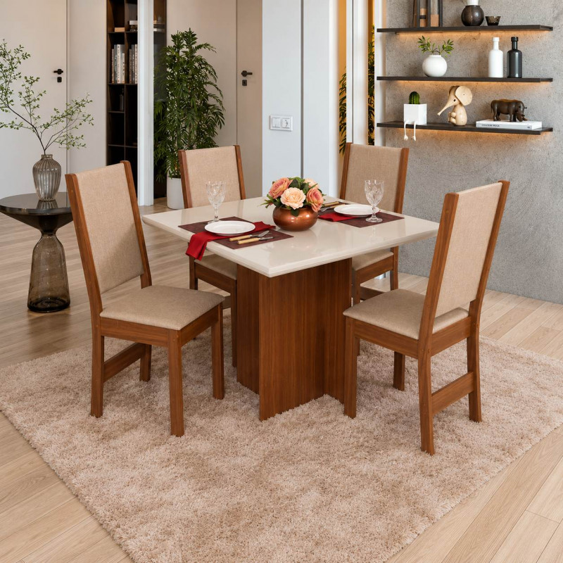Conjunto Mesa 4 Cadeiras Sao Carlos Laise Quadrada Naturalle / Off White
