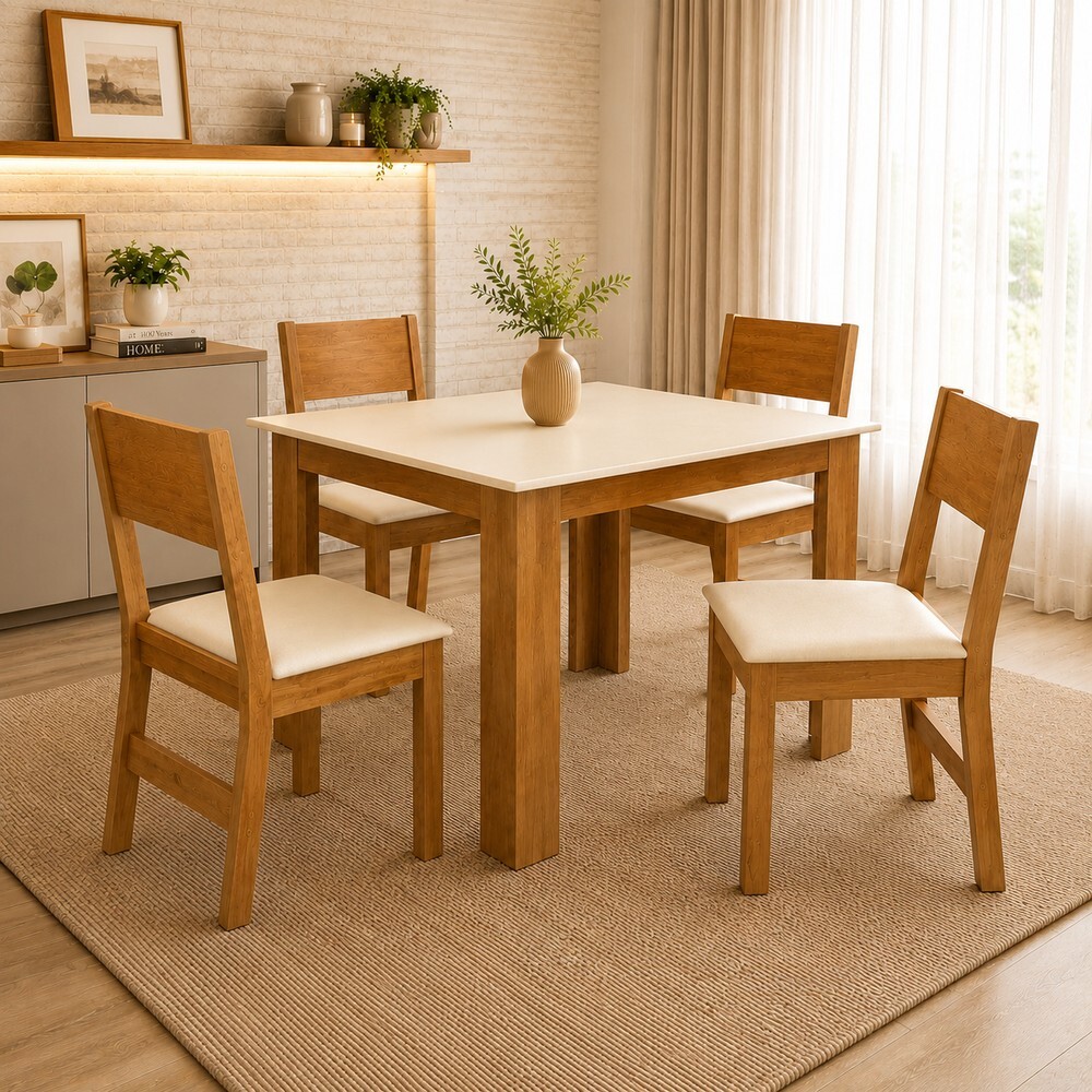 Conjunto Mesa 4 Cadeiras Sao Carlos Milena Quadrada 80x80 Cinamomo/Off White